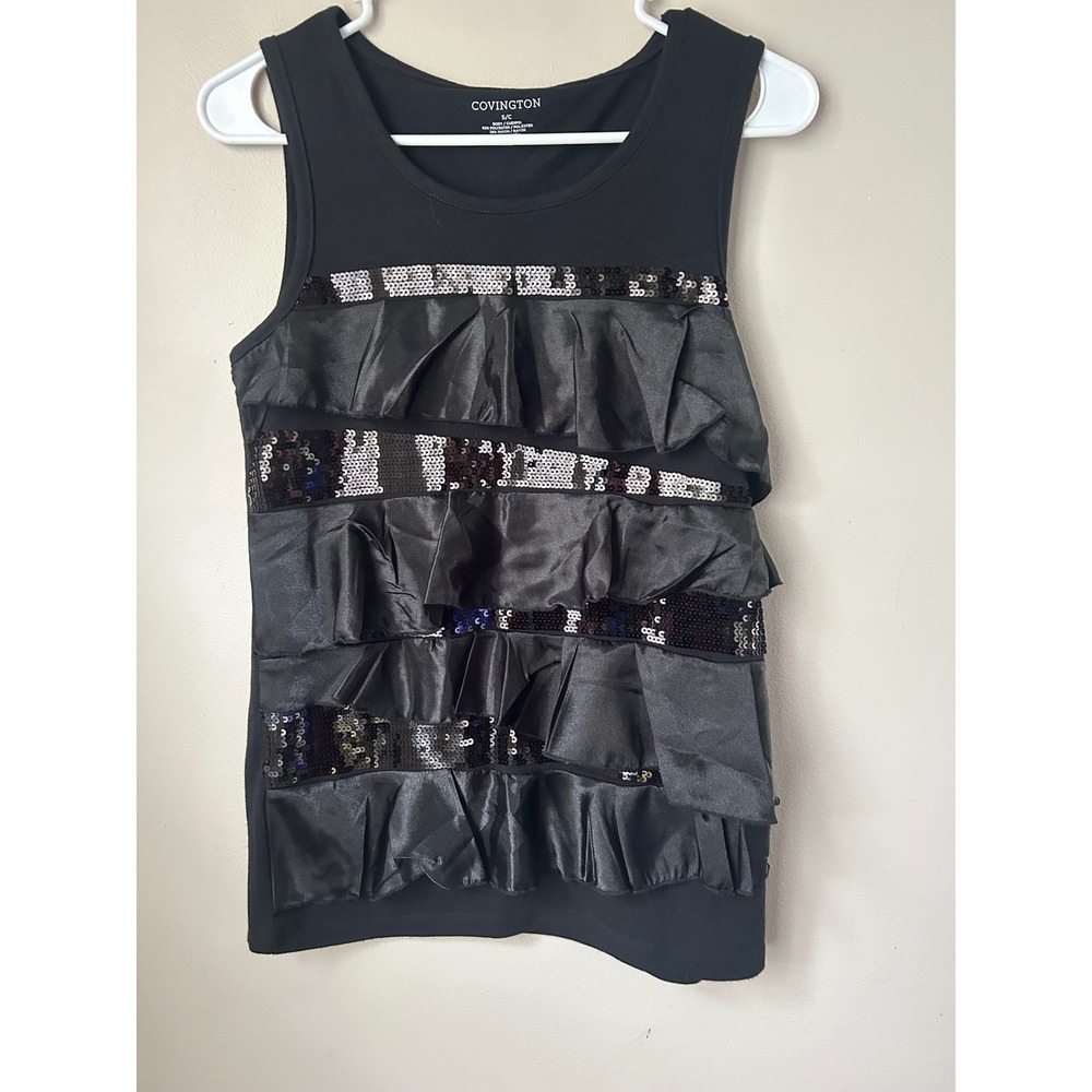 Y2K Covington Black Sleeveless Tank Top Ruffle Sequin Women's S Glam Goth Party